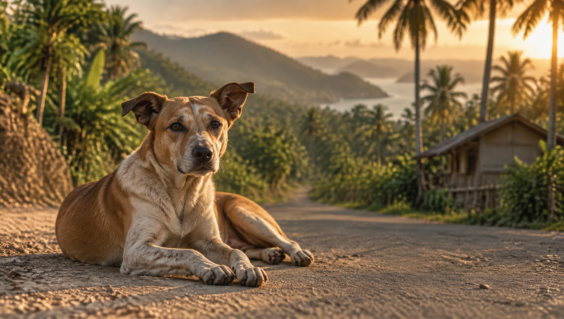 A street dog resting at sunset on a rural island road in the Philippines
